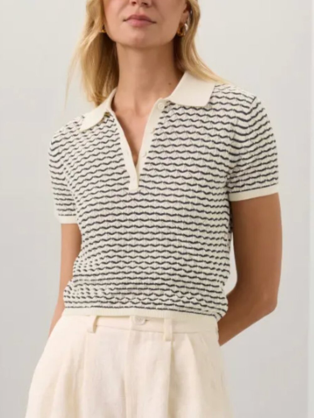 Club Monaco Diamond Pointelle Polo Shirt Short Sleeve Cropped Black & White XL